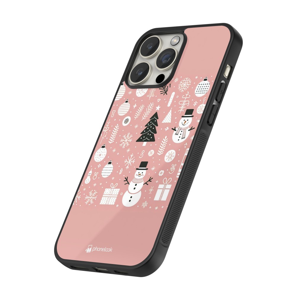 Coque iPhone 16 Pro Max - Silicone rigide noir Noël 2024 Rose Snowman Christmas