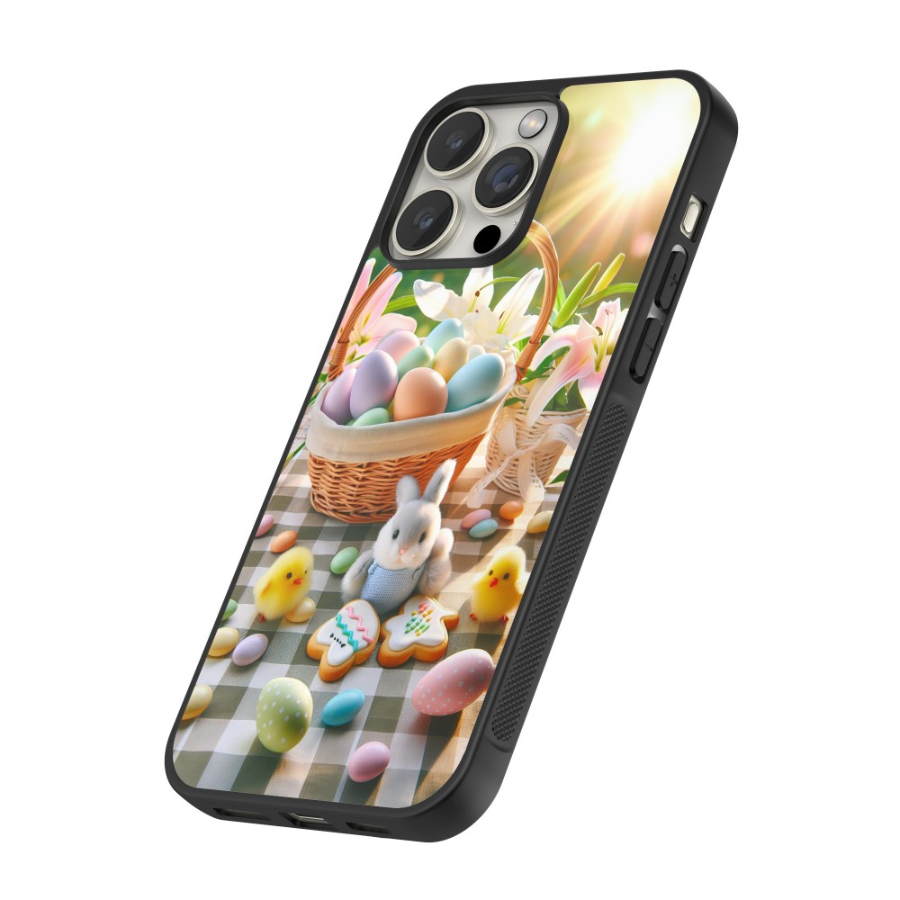 Coque iPhone 16 Pro - Silicone rigide noir Easter 2025 Panier Pâques