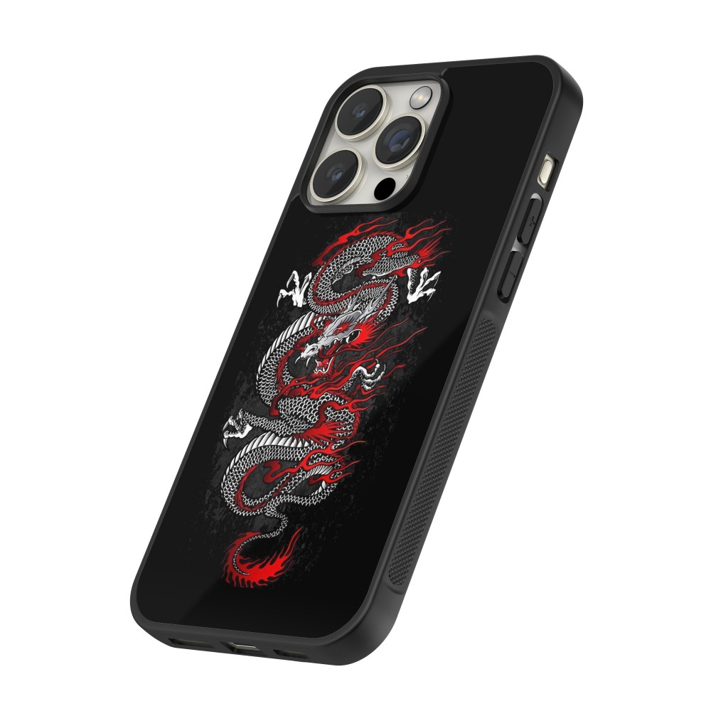 iPhone 16 Pro Case Hülle - Silikon schwarz Japanese style Dragon Tattoo Red Black
