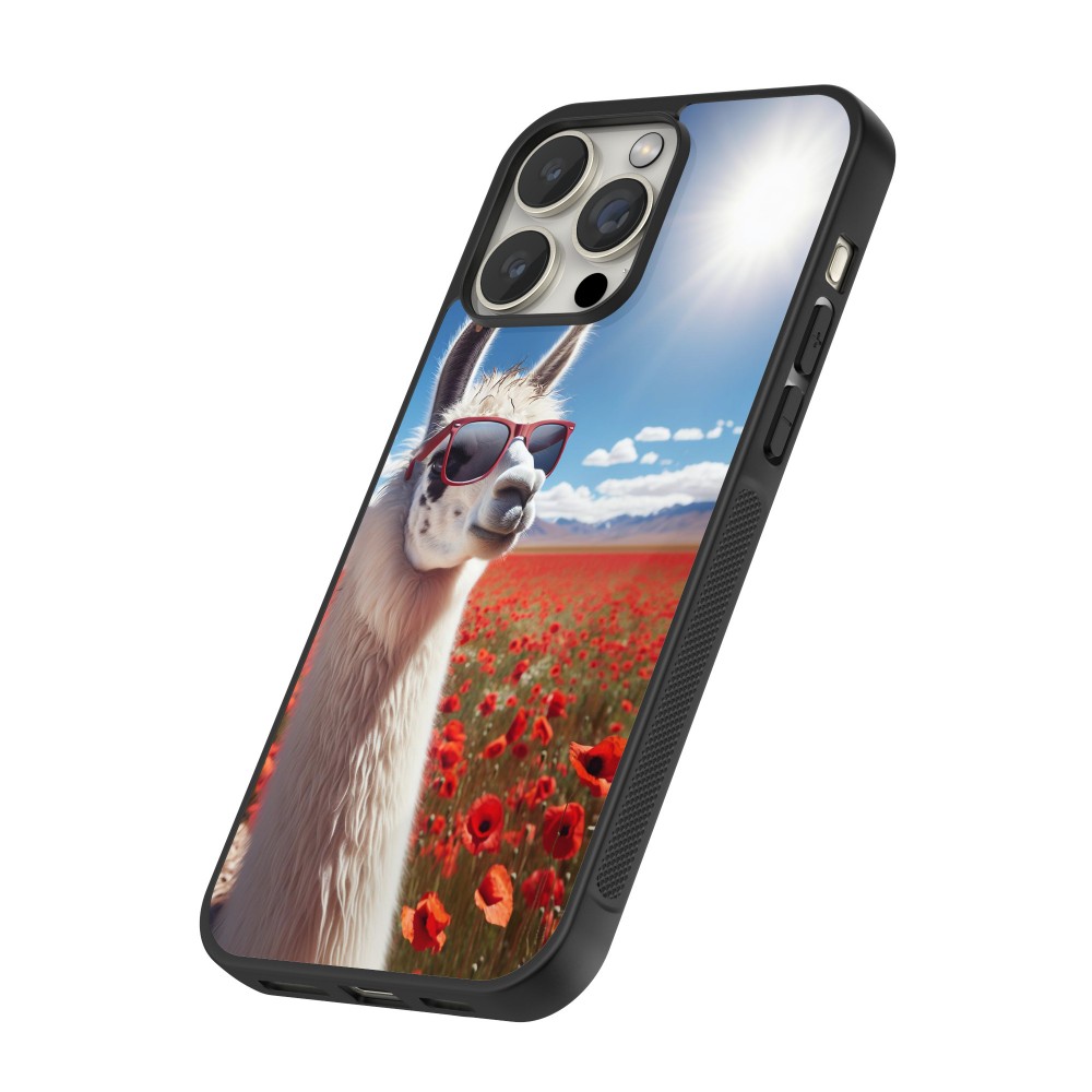 Coque iPhone 16 Pro - Silicone rigide noir Lama Chic en Coquelicot