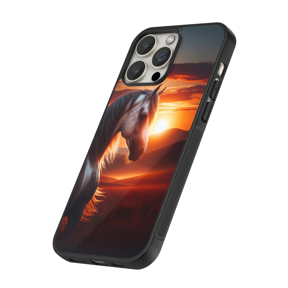 Coque iPhone 16 Pro - Silicone rigide noir Majestic Sunset Horse