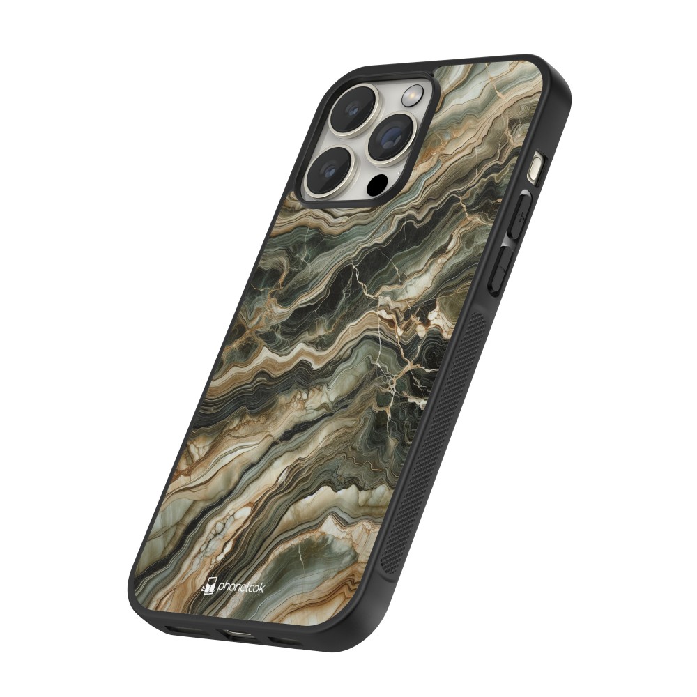 Coque iPhone 16 Pro - Silicone rigide noir Marbre Olive