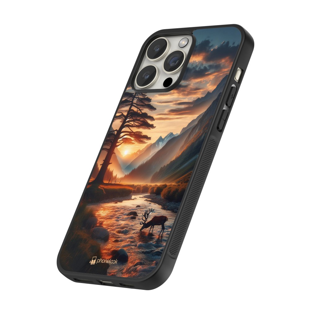 Coque iPhone 16 Pro - Silicone rigide noir Valley Sunset Deer Tree