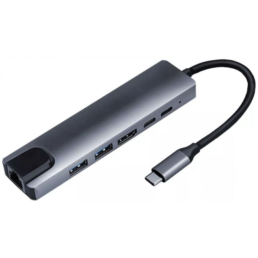 6 in 1 USB-C Multi-Anschluss Hub Docking Station MacBook Ethernet + HDMI + USB-C - Grau