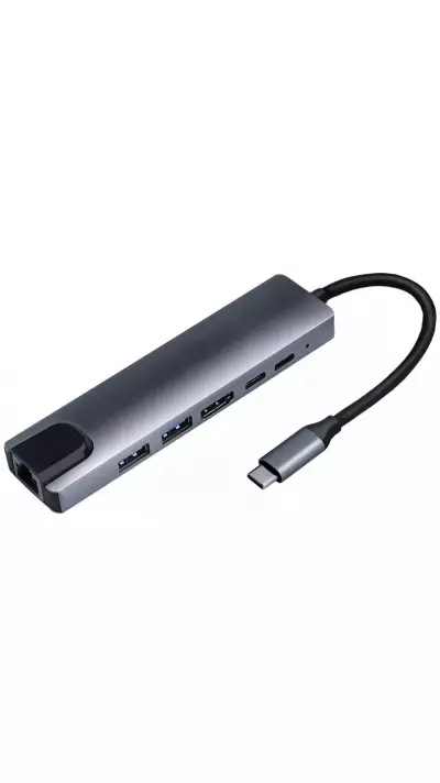 Hub USB-C 6 en 1 multi-ports Hub Docking Station MacBook Ethernet + HDMI + USB-C - Gris