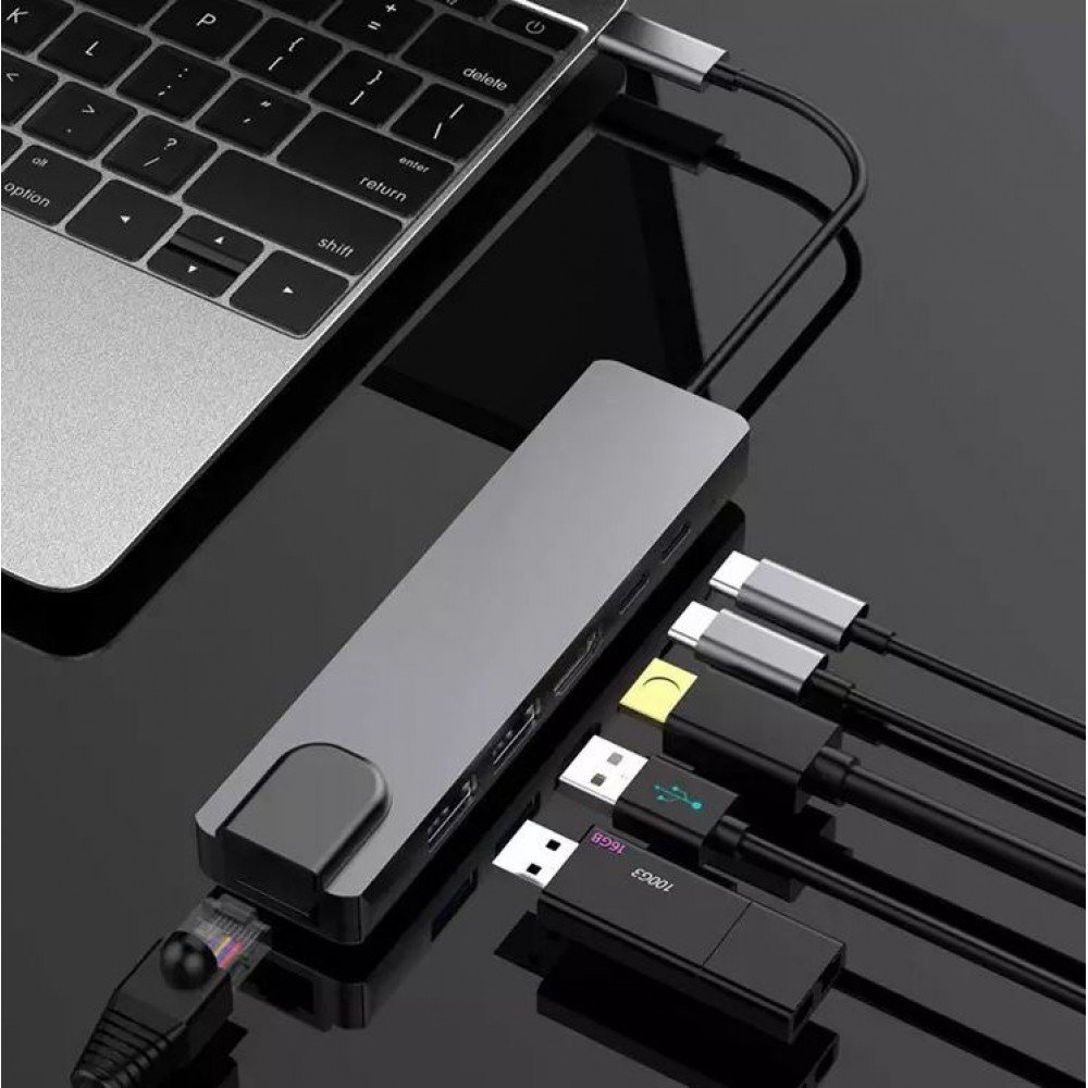 Hub USB-C 6 en 1 multi-ports Hub Docking Station MacBook Ethernet + HDMI + USB-C - Gris