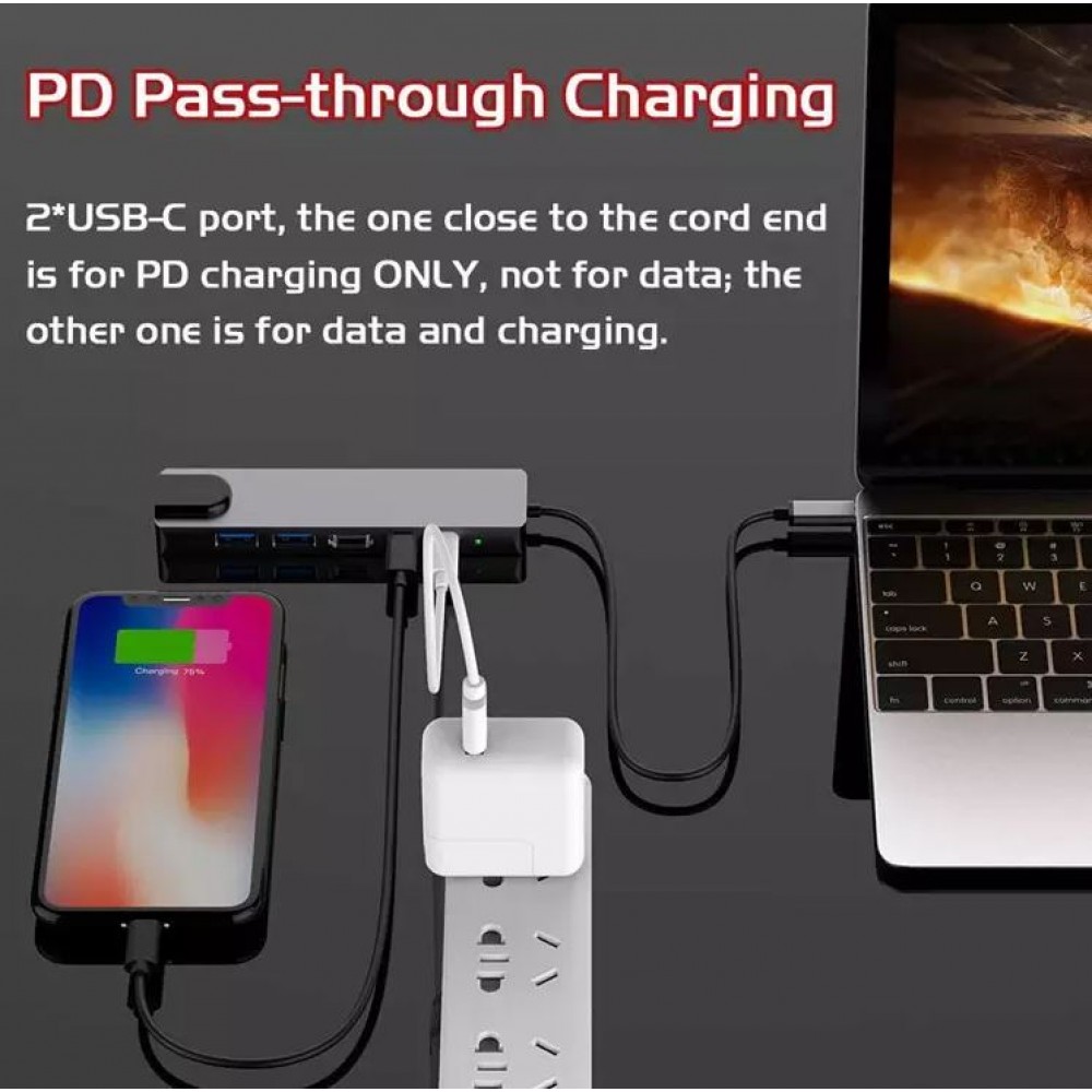 Hub USB-C 6 en 1 multi-ports Hub Docking Station MacBook Ethernet + HDMI + USB-C - Gris