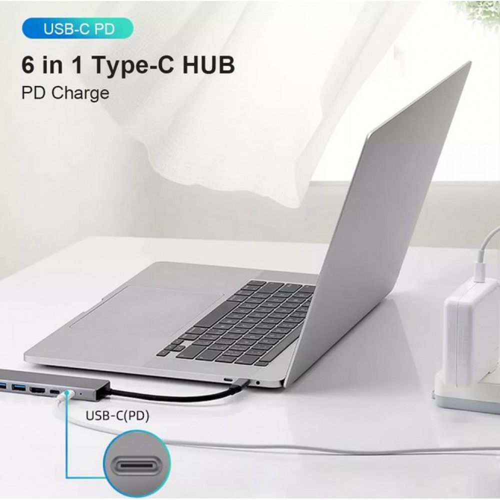 Hub USB-C 6 en 1 multi-ports Hub Docking Station MacBook Ethernet + HDMI + USB-C - Gris