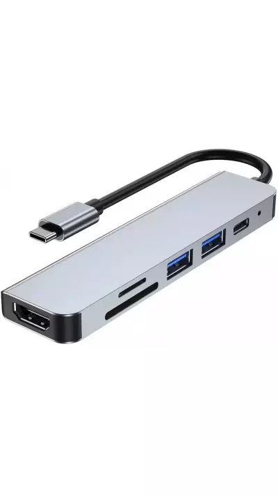 Hub USB-C 6 en 1 multi-ports aluminium Docking Station MacBook 4K HDMI + Carte SD + USB-C - Gris
