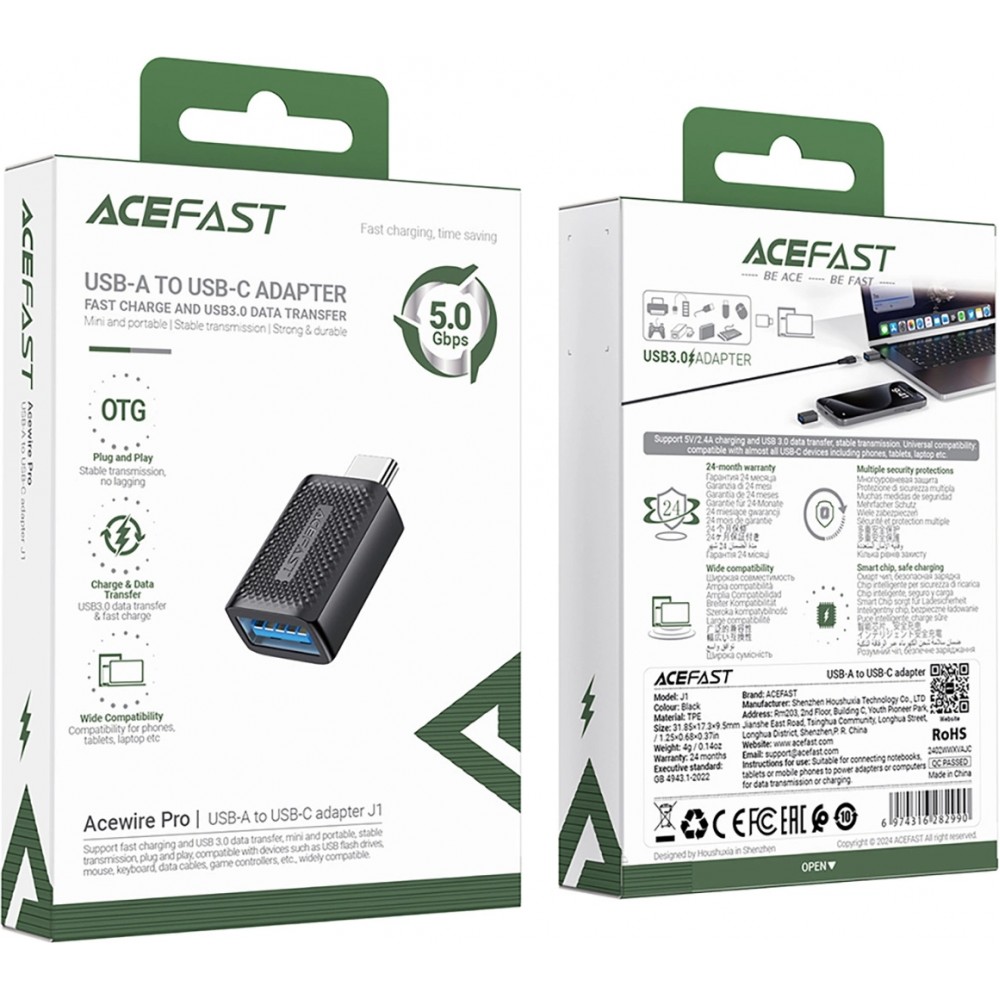 Acefast J1 - Adaptateur USB-A 3.0 (femelle) vers USB-C 3.0 (mâle) 5Gb/s - Noir