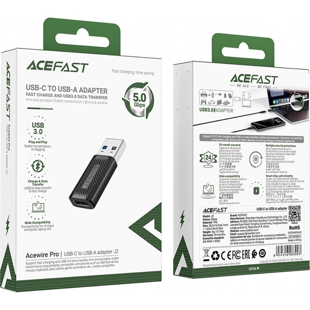 Acefast J2 - Adaptateur USB-C 3.0 (femelle) vers USB-A 3.0 (mâle) 5Gb/s - Noir