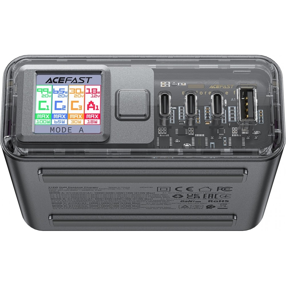 Acefast Z4 - Adaptateur Multifonction chargeur ultra puissant 218W 4 Ports PD GaN (3x USB-C + 1x USB-A) - Gris