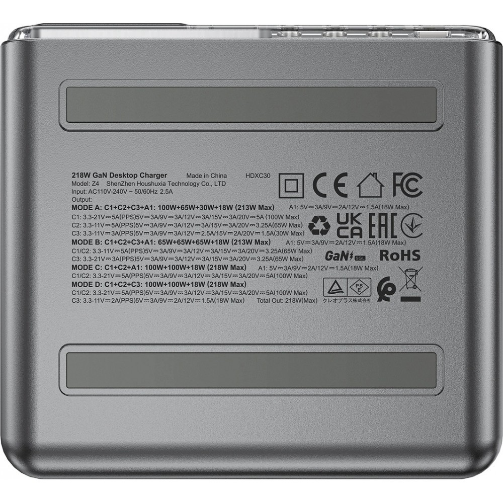 Acefast Z4 - Adaptateur Multifonction chargeur ultra puissant 218W 4 Ports PD GaN (3x USB-C + 1x USB-A) - Gris