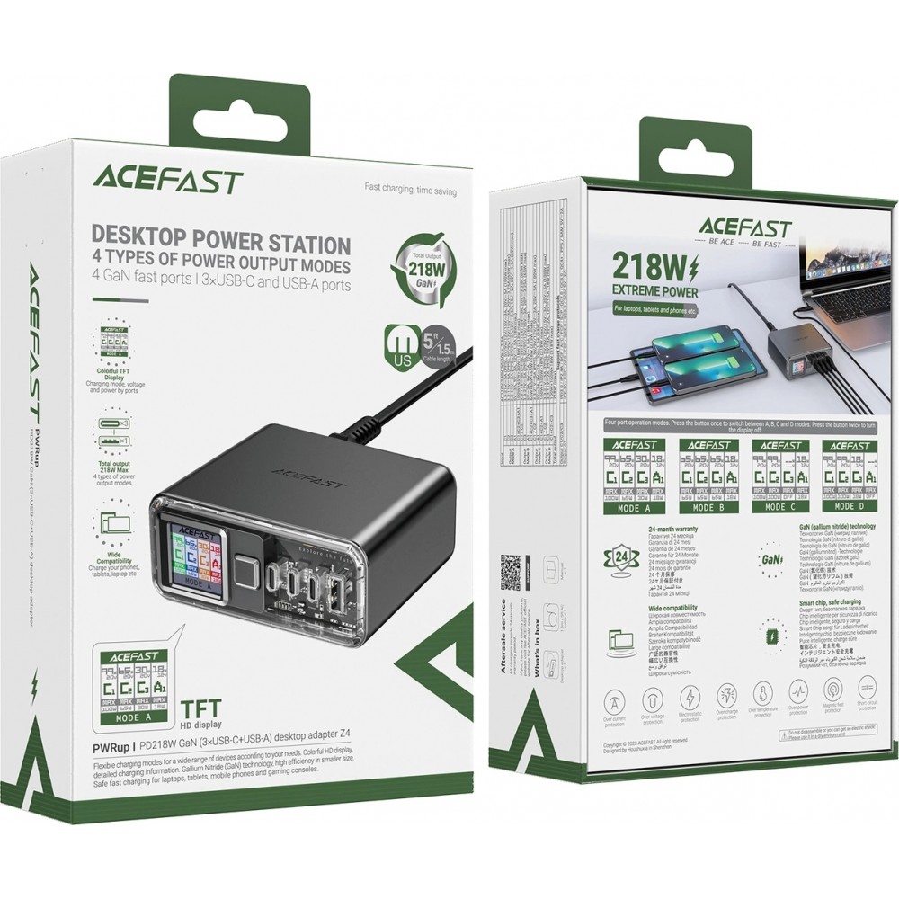Acefast Z4 - Adaptateur Multifonction chargeur ultra puissant 218W 4 Ports PD GaN (3x USB-C + 1x USB-A) - Gris