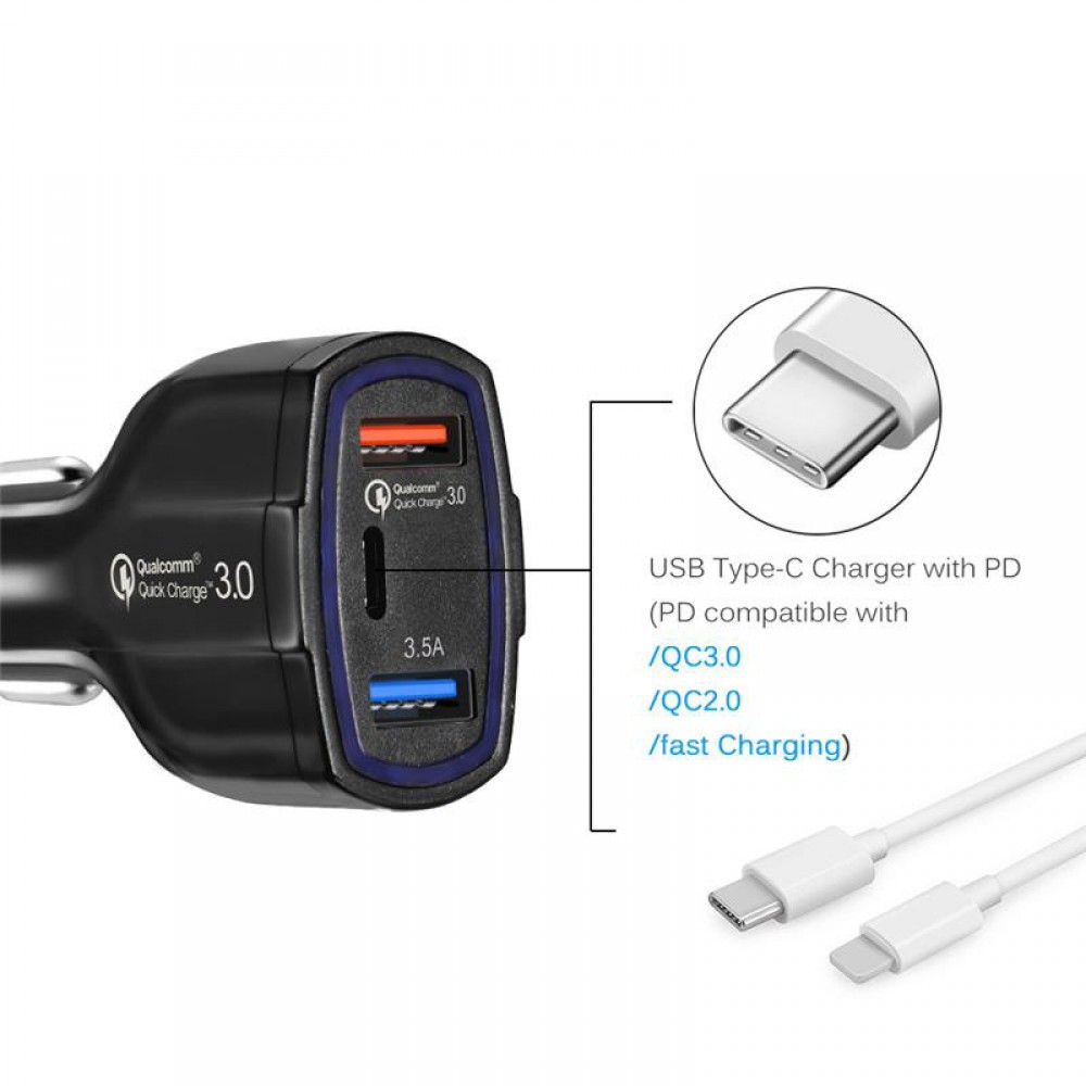 Chargeur Allume-Cigare Double USB + USB-C (Type C) 3.5A Fast