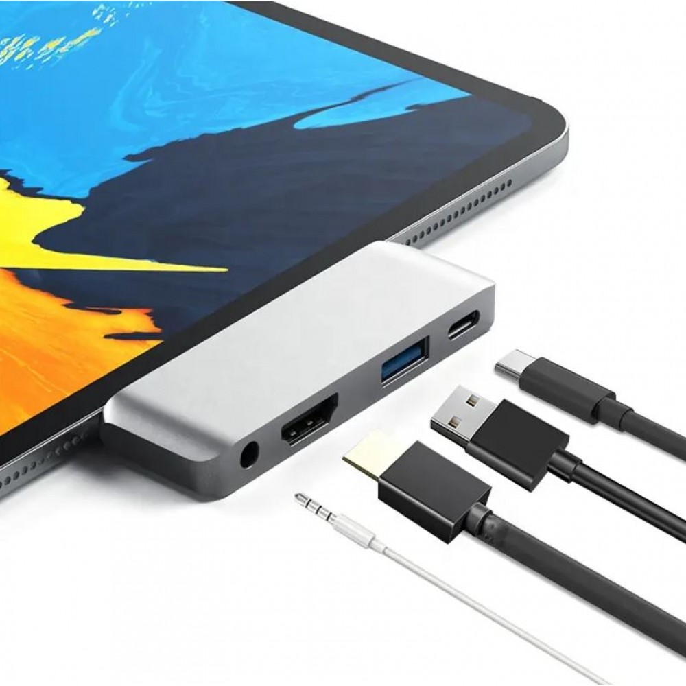 USB-C Multi-Port Adapter für Apple iPad Aluminium 4 in 1 USB 3.0-AUX-HDMI - Silber