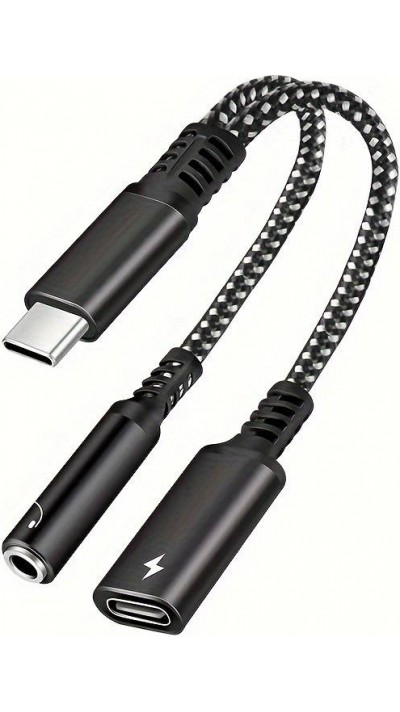 Adaptateur audio 2 en 1 USB-C vers jack 3.5mm + USB-C 30W Fast Charge - Noir