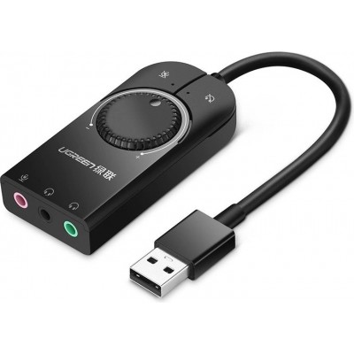 Adaptateur audio externe Ugreen carte son USB jack 3.5 mm avec contr&ocirc;le du volume 15 cm - Noir