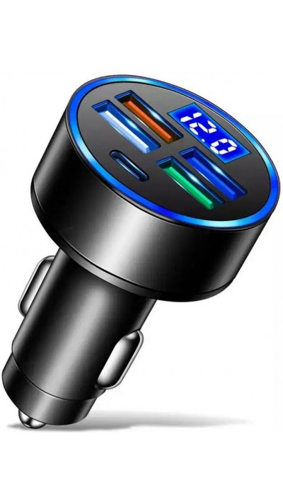 Adaptateur de charge 15W allume-cigare 5en1 USB & USB-C avec affichage LED QuickCharge 3.0 - Noir