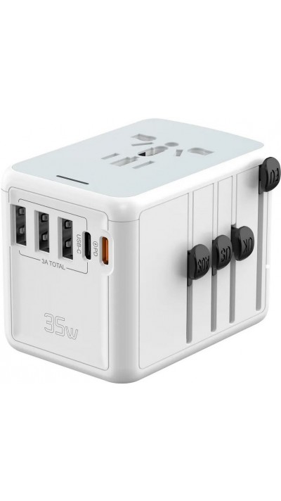 Adaptateur de voyage 35W multiprise UE-UK-US-AU 3x USB-A et 2x USB-C PowerDelivery - Blanc