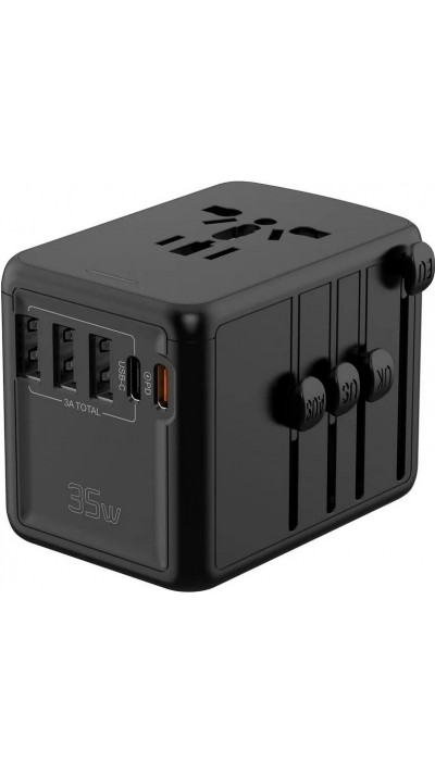 Adaptateur de voyage 35W multiprise UE-UK-US-AU 3x USB-A et 2x USB-C PowerDelivery - Noir