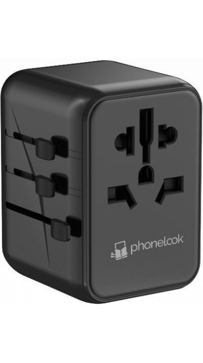 Adaptateur de voyage monde international universel World/CH/EU/UK/US (17W, 3x USB-A, 1x USB-C) - PhoneLook - Noir