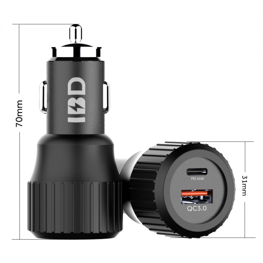 Doppel USB Car Adapter Zigarettenanzünder 45W Power Delivery und QC3.0 Fast Charge - Schwarz