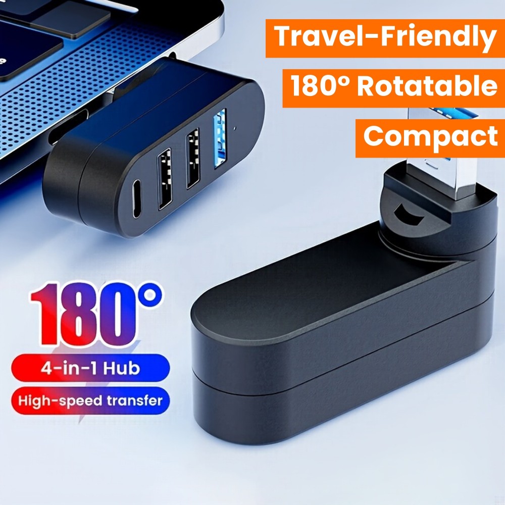 Adaptateur multiport USB 3.0 rotatif 180° 4 en 1 (3x USB-A / 1x USB-C) compact pour accessoires PC - Noir