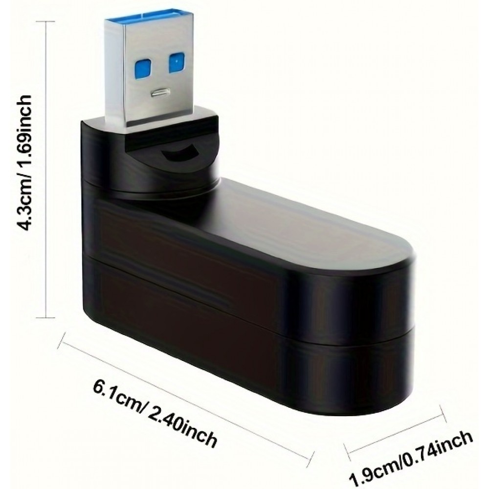 Adaptateur multiport USB 3.0 rotatif 180° 4 en 1 (3x USB-A / 1x USB-C) compact pour accessoires PC - Noir