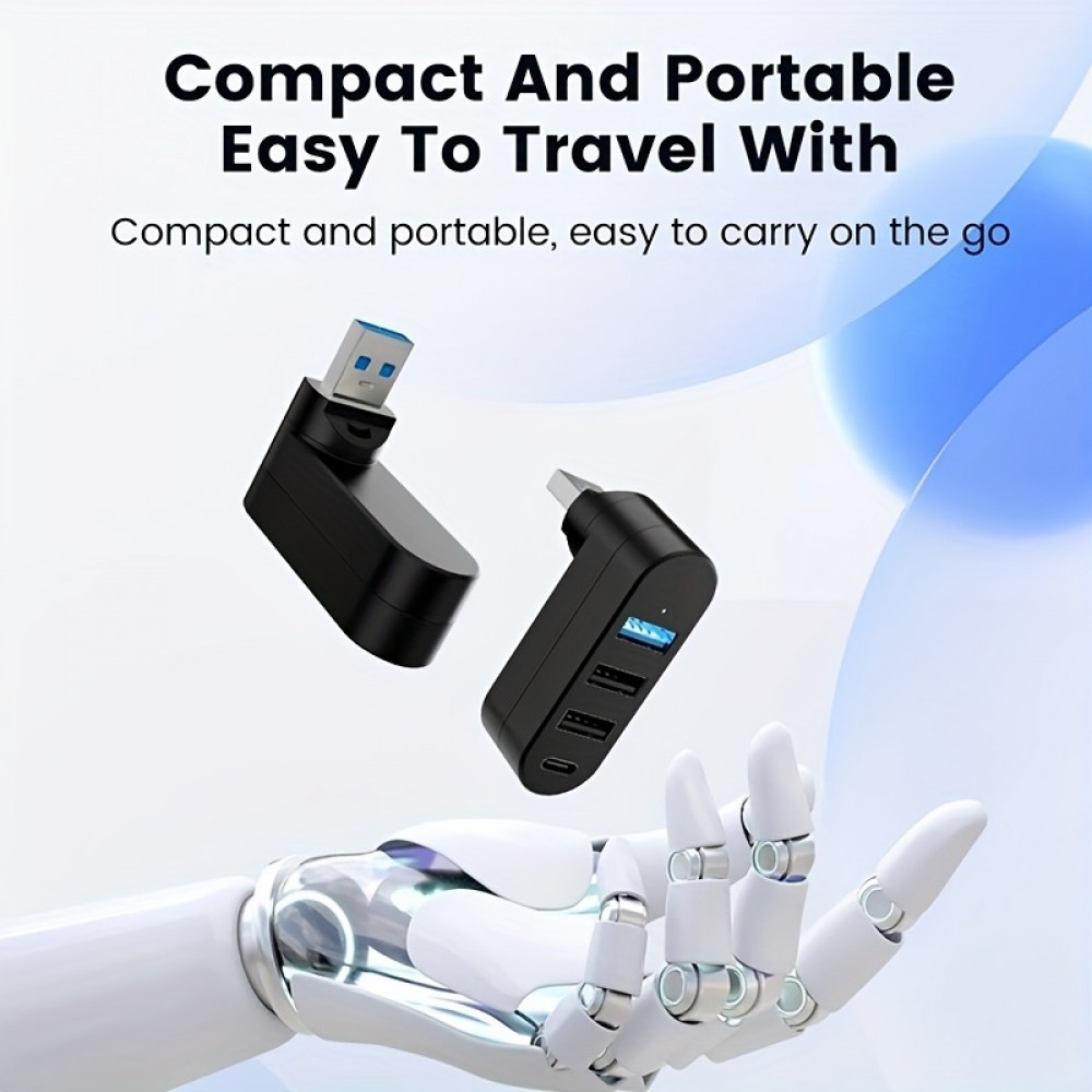 Adaptateur multiport USB 3.0 rotatif 180° 4 en 1 (3x USB-A / 1x USB-C) compact pour accessoires PC - Noir
