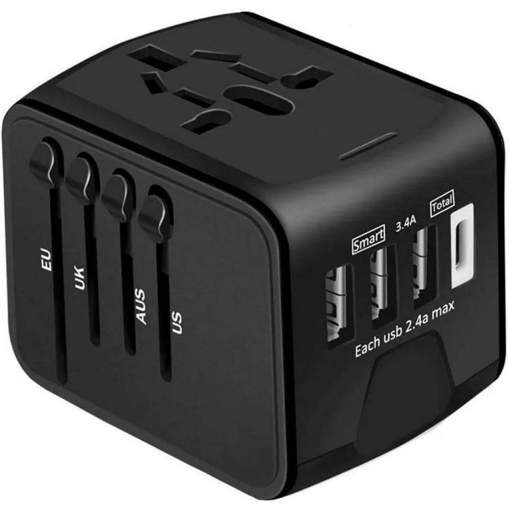 Adaptateur universel de voyage USB-A & USB-C pour CH-EU-UK-AUS-USA - Noir