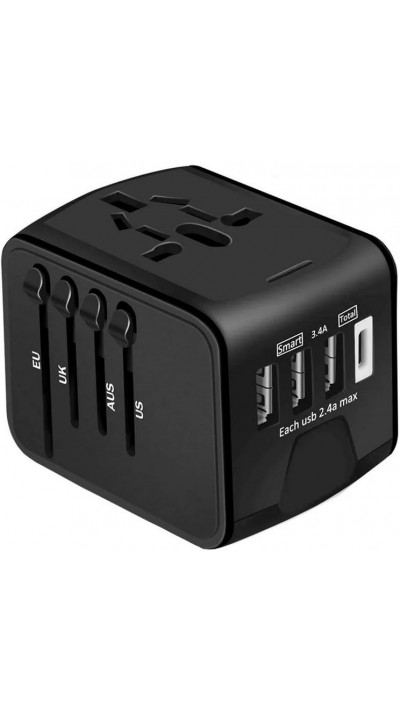 Adaptateur universel de voyage USB-A & USB-C pour CH-EU-UK-AUS-USA - Noir