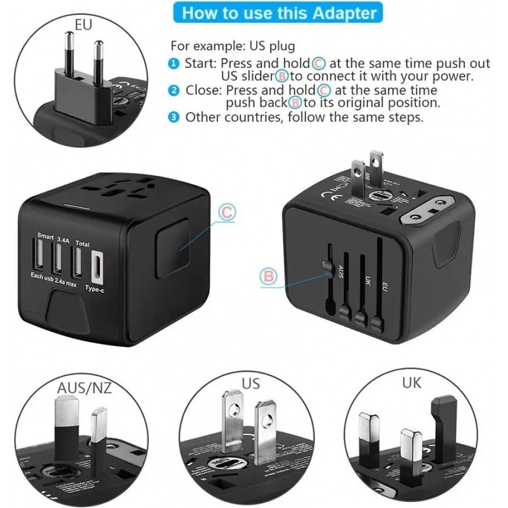 Adaptateur universel de voyage USB-A & USB-C pour CH-EU-UK-AUS-USA - Noir