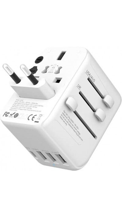 Universeller Multistecker Adapter Weltweit 5 in 1 USB-A & USB-C USA-AUS-UK-EU - Weiss