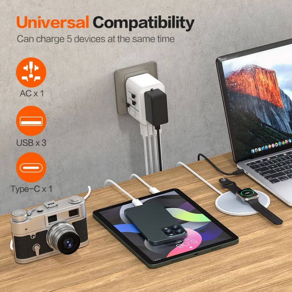 Adaptateur universel multiprise Monde entier 5 en 1 USB-A & USB-C USA-AUS-UK-EU - Blanc