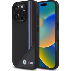 Coque iPhone 16 Pro - BMW M Tricolore Stripes cuir MagSafe - Noir