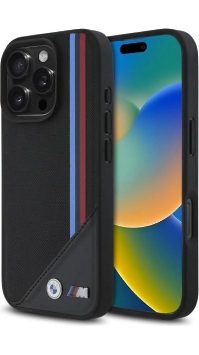 Coque iPhone 16 Pro - BMW M Tricolore Stripes cuir MagSafe - Noir