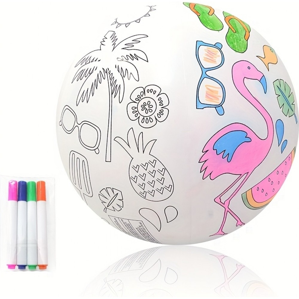 Ballon de plage gonflable DIY à colorier soi-même avec 4 feutres de couleur - Blanc