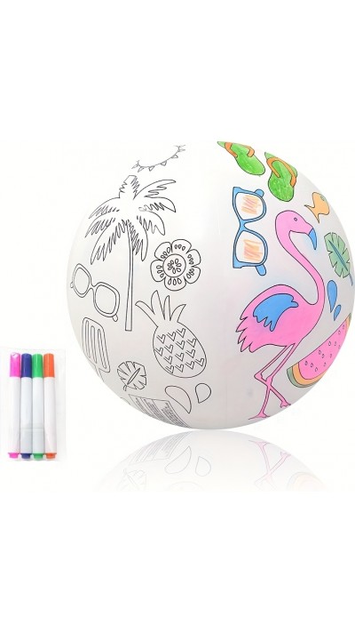Ballon de plage gonflable DIY à colorier soi-même avec 4 feutres de couleur - Blanc