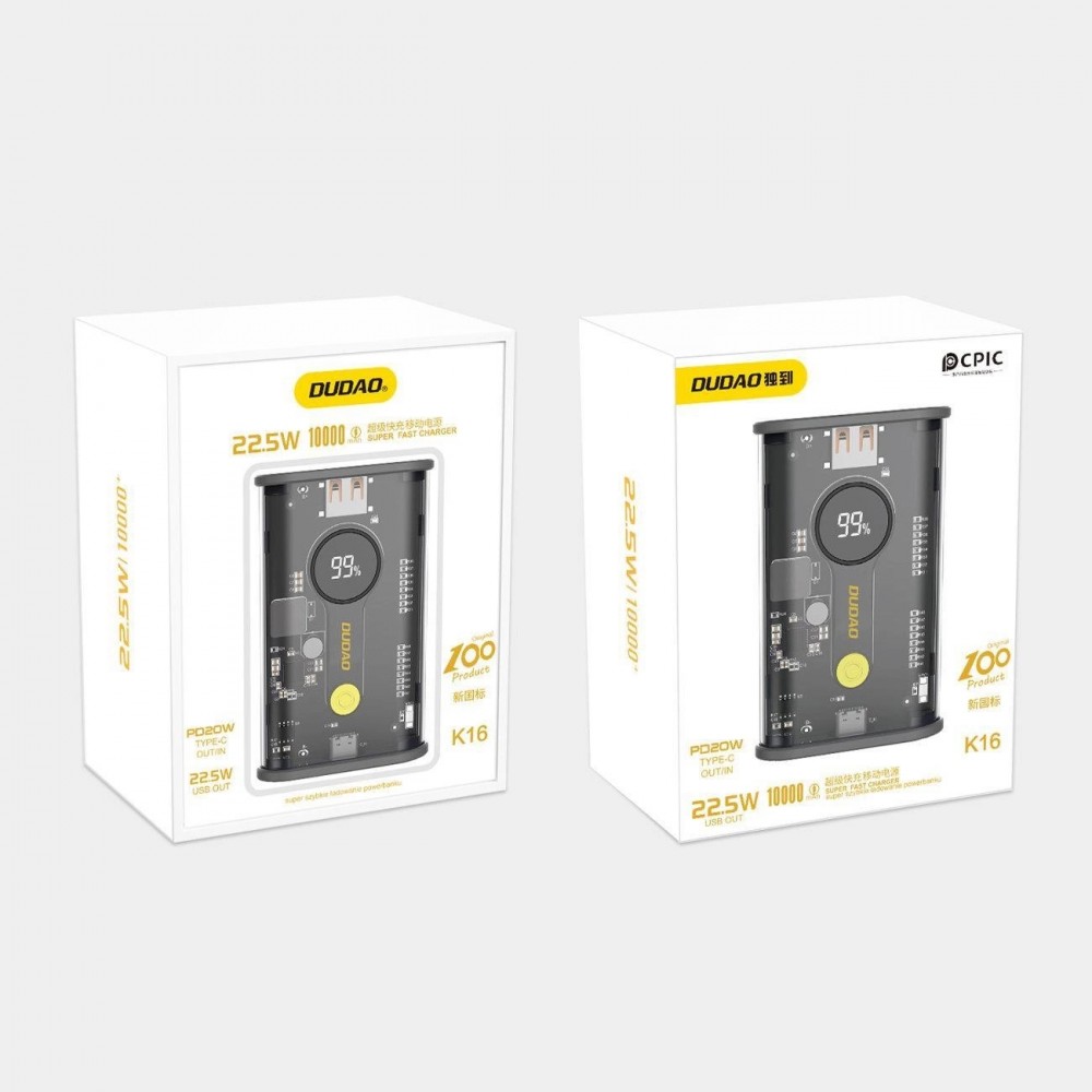 Dudao Powerbank 10000 mAh USB-C / USB-A 22.5W PD Schnellladung tragbares Ladegerät K16 - Schwarz