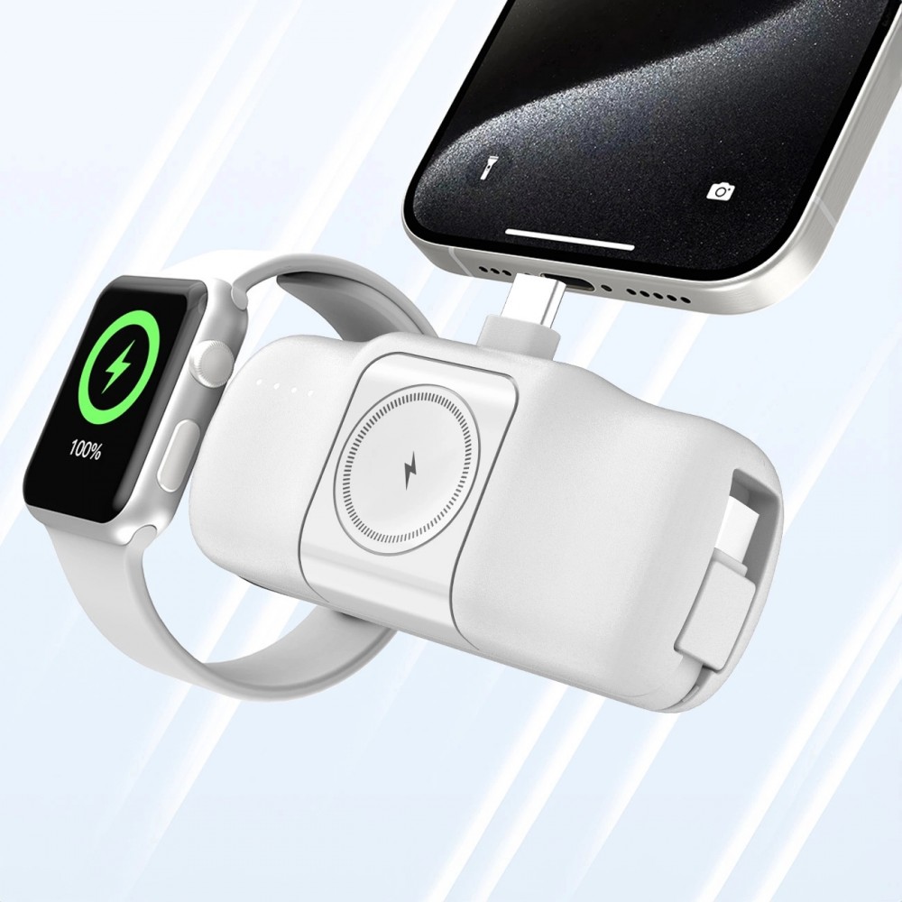 Wozinsky WF16-YCS 5000mAh 15W USB-C Mini Powerbank mit integriertem USB-C Kabel und Apple Watch Ladegerät - Weiss