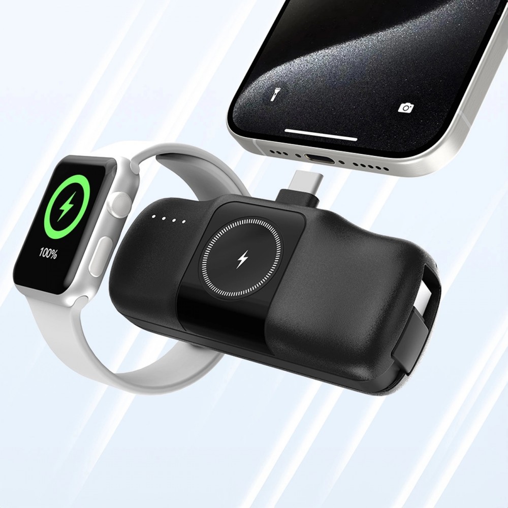 Wozinsky WF16-YCS 5000mAh 15W USB-C Mini Powerbank mit integriertem USB-C-Kabel und Apple Watch Ladegerät - Schwarz