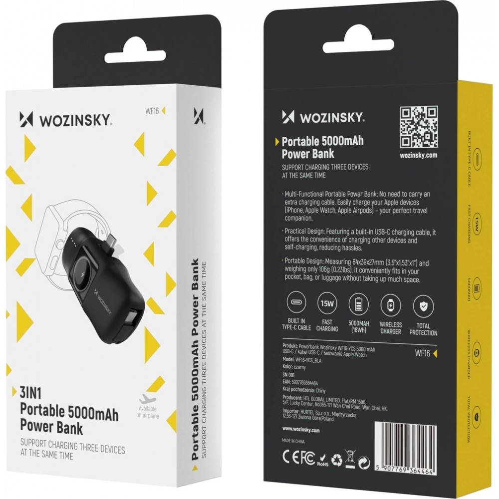 Wozinsky WF16-YCS 5000mAh 15W USB-C Mini Powerbank mit integriertem USB-C-Kabel und Apple Watch Ladegerät - Schwarz