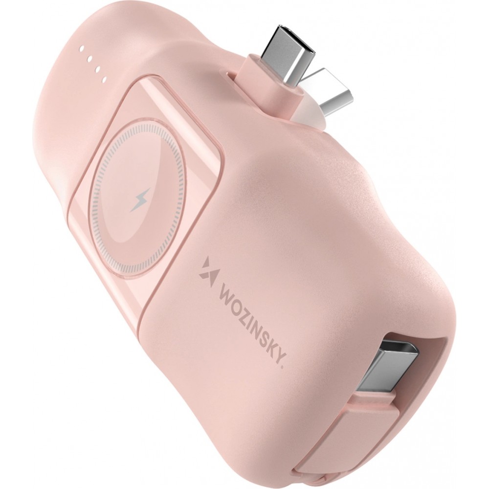 Batterie Externe Wozinsky WF16-YCS 5000mAh 15W USB-C Mini avec Câble USB-C Intégré et Chargeur Apple Watch - Rose