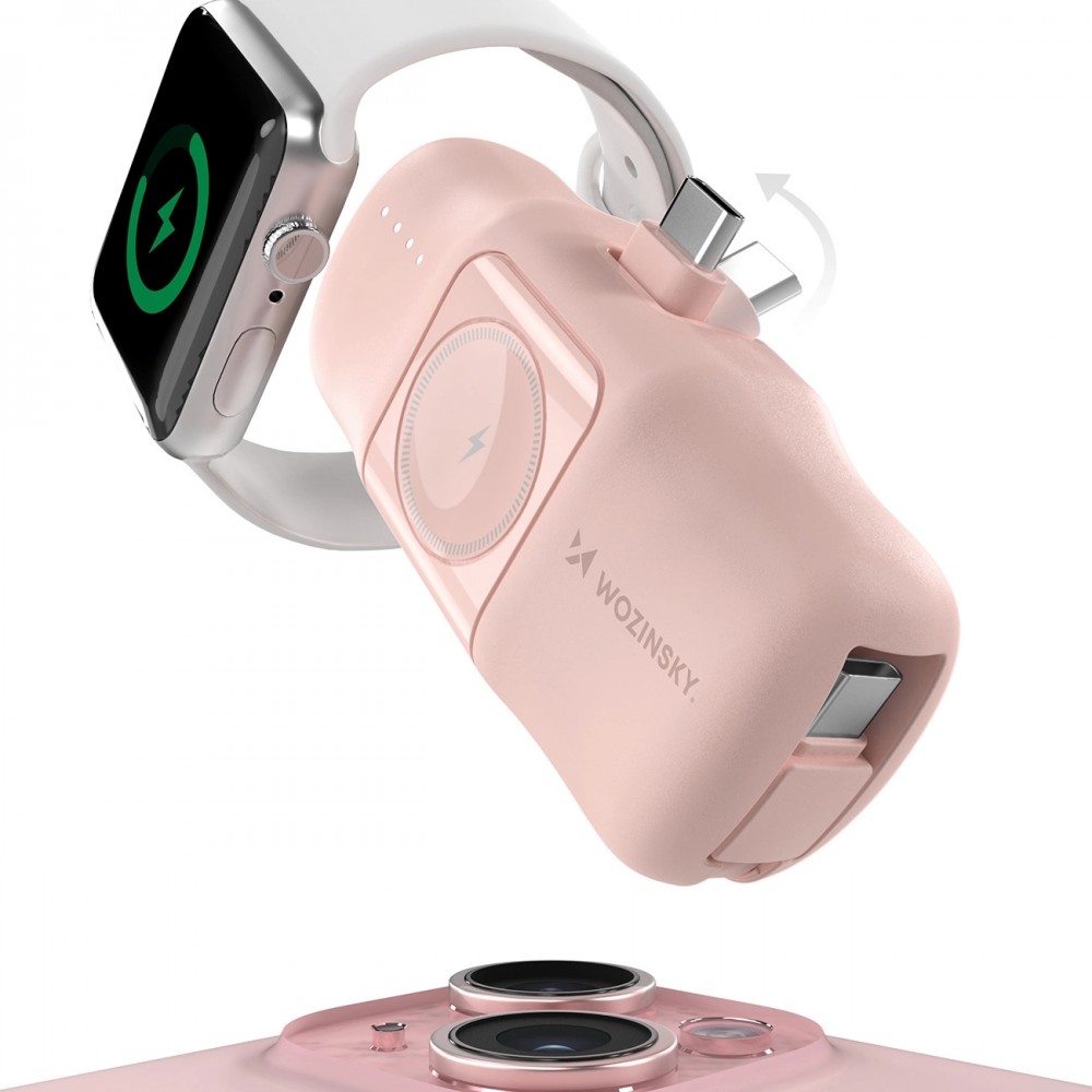 Batterie Externe Wozinsky WF16-YCS 5000mAh 15W USB-C Mini avec Câble USB-C Intégré et Chargeur Apple Watch - Rose