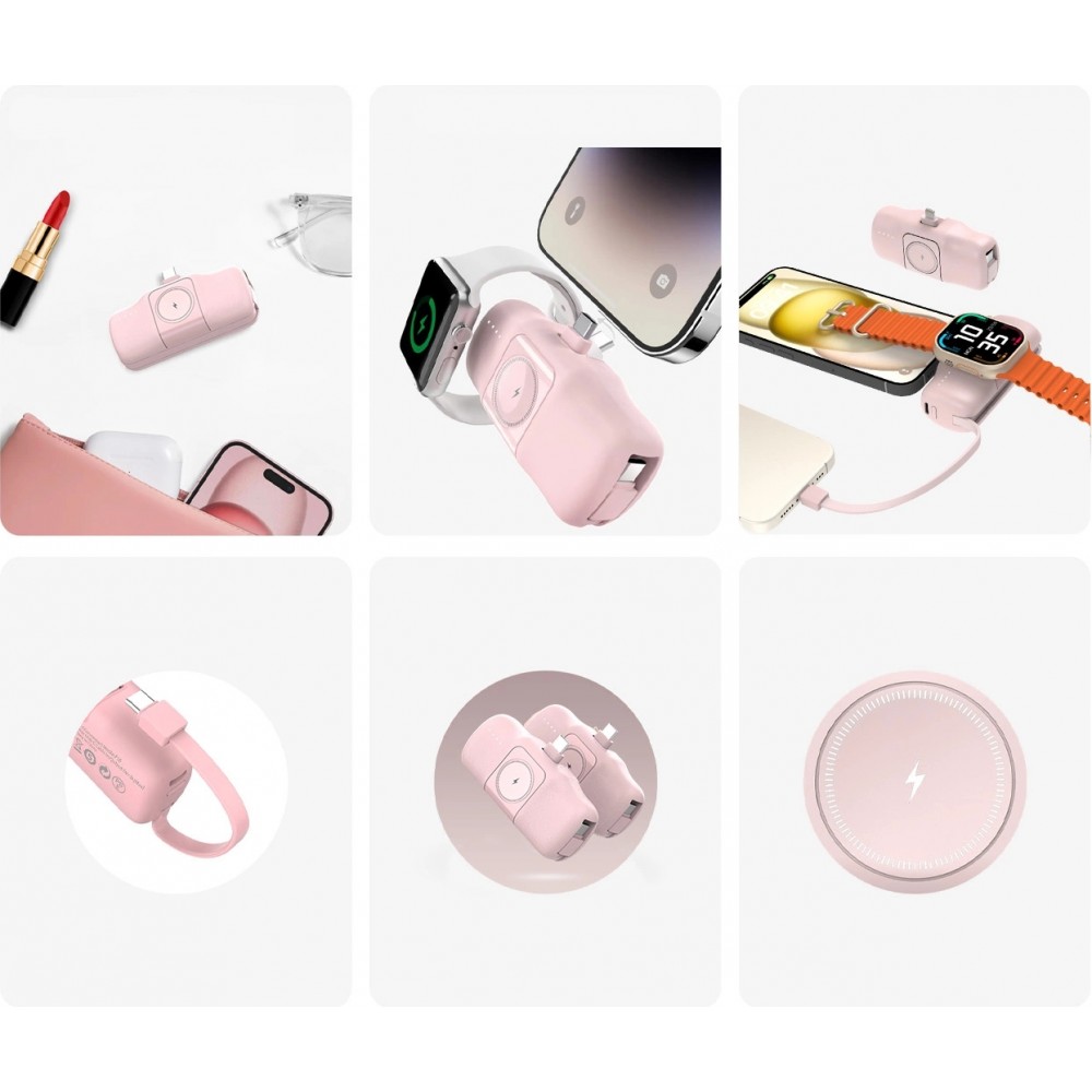 Batterie Externe Wozinsky WF16-YCS 5000mAh 15W USB-C Mini avec Câble USB-C Intégré et Chargeur Apple Watch - Rose