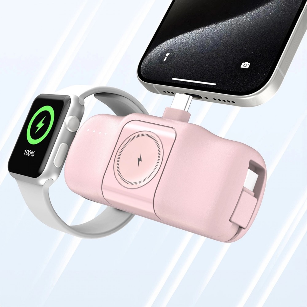 Batterie Externe Wozinsky WF16-YCS 5000mAh 15W USB-C Mini avec Câble USB-C Intégré et Chargeur Apple Watch - Rose