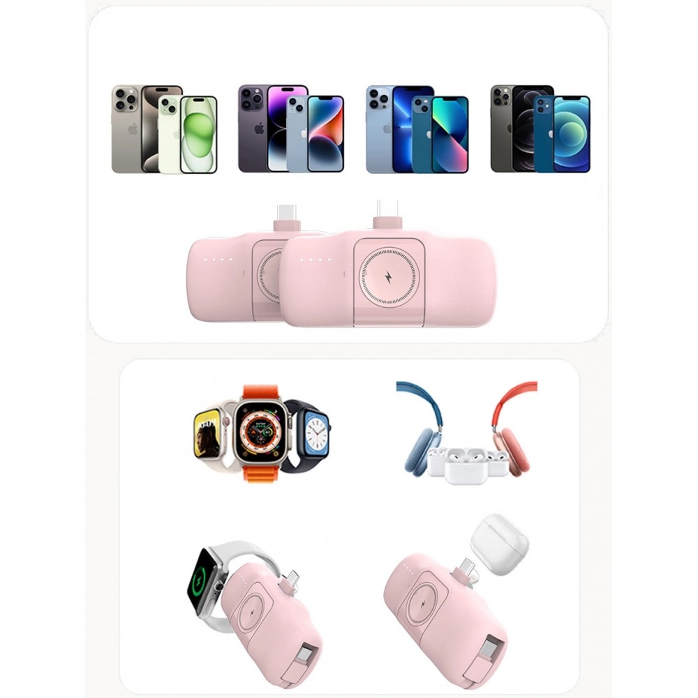 Batterie Externe Wozinsky WF16-YCS 5000mAh 15W USB-C Mini avec Câble USB-C Intégré et Chargeur Apple Watch - Rose