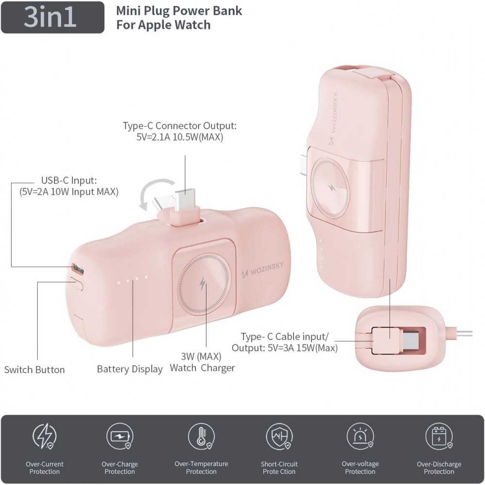Batterie Externe Wozinsky WF16-YCS 5000mAh 15W USB-C Mini avec Câble USB-C Intégré et Chargeur Apple Watch - Rose