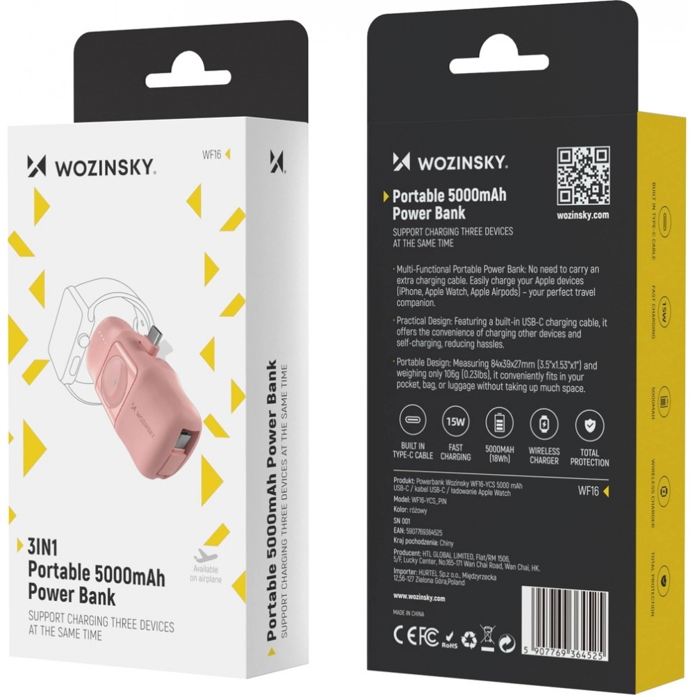Batterie Externe Wozinsky WF16-YCS 5000mAh 15W USB-C Mini avec Câble USB-C Intégré et Chargeur Apple Watch - Rose